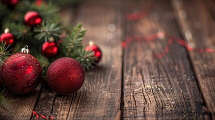 Holiday ornaments on a wooden backdrop Festive season theme Room for writing