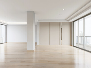 Fototapeta premium Empty room in a luxury property in neutral tones with natural lighting and no furniture. Interiors composition with copy space for advertising.