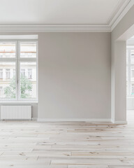 Fototapeta premium Empty room in a luxury property in neutral tones with natural lighting and no furniture. Interiors composition with copy space for advertising.