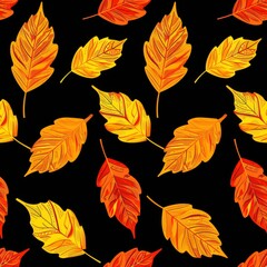 Obraz premium Seamless pattern with colorful autumn leaves on a black background. Fall foliage illustration for fabric, wrapping paper, or wallpaper design.