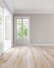 Fototapeta premium Empty room in a luxury property in neutral tones with natural lighting and no furniture. Interiors composition with copy space for advertising.