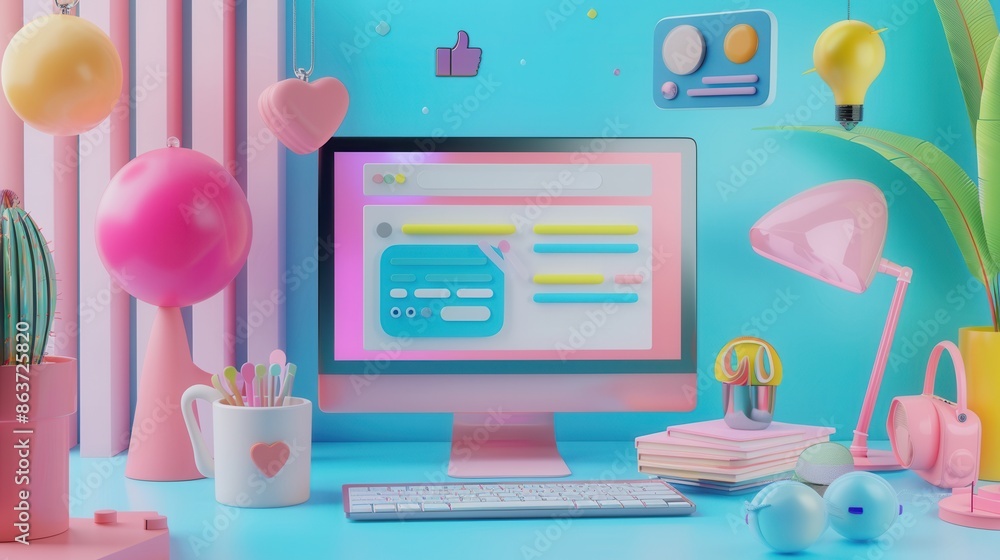 Leinwandbilder A 3D illustration of a desk with a computer showing social media ads and other marketing elements in a colorful, playful style. Generative AI