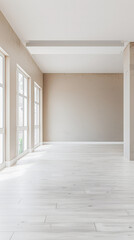 Fototapeta premium Empty room in a luxury property in neutral tones with natural lighting and no furniture. Interiors composition with copy space for advertising.
