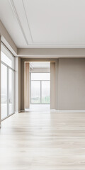 Fototapeta premium Empty room in a luxury property in neutral tones with natural lighting and no furniture. Interiors composition with copy space for advertising.
