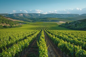Naklejka premium A picturesque vineyard with rows of grapevines stretching into the distance, under a clear blue sky. 