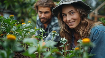 Obraz premium A young couple gardening in their backyard, planting vegetables and flowers, emphasizing eco-friendly and sustainable practices.