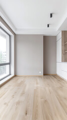 Fototapeta premium Empty room in a luxury property in neutral tones with natural lighting and no furniture. Interiors composition with copy space for advertising.