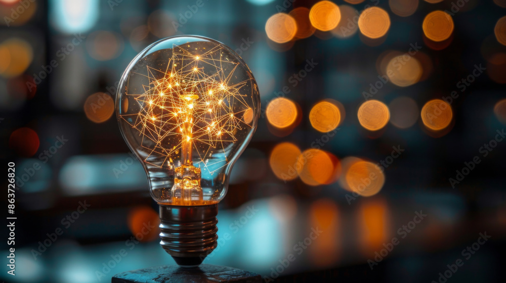Poster a glowing light bulb with abstract light patterns inside, set against a blurred bokeh background.