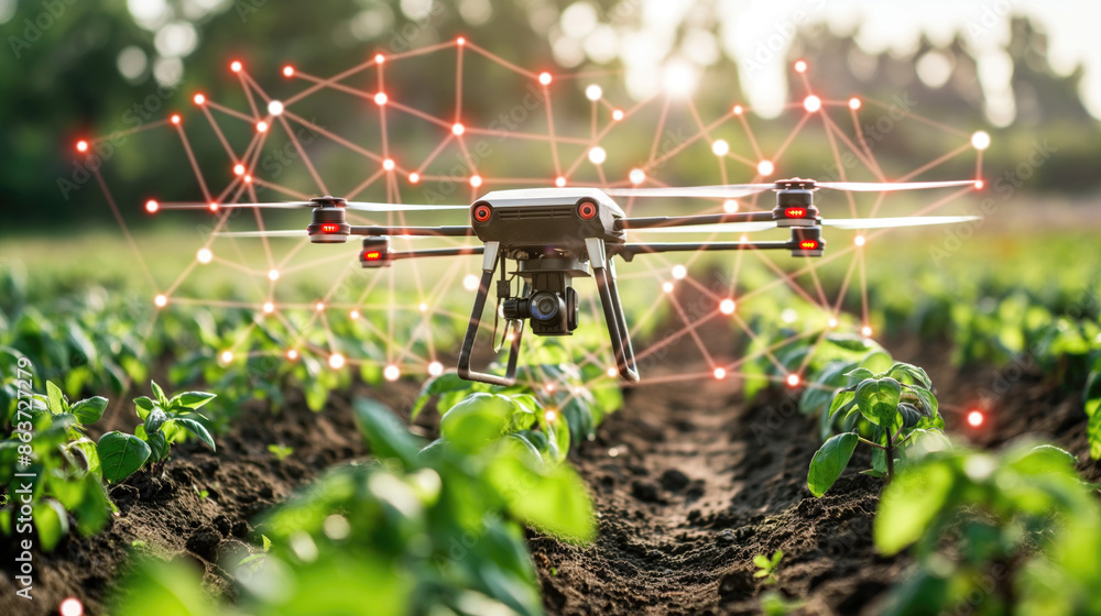 Poster drone monitoring crop growth with digital network overlay. advanced agricultural technology with a d