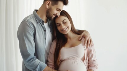 Fototapeta premium husband and wife embrace belly of pregnant wife in front view close up background illustration generated by ai