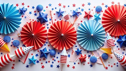 Obraz premium Vibrant festive banner with firework rockets, american flag-inspired paper fans, and confetti stars on a white background celebrates independence day.