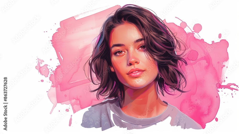 Poster Portrait of a Young Woman with Pink Watercolor Background.