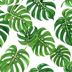 Tropical Monstera Leaves Seamless Pattern. Lush Green Foliage on White Background