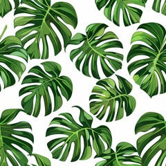 Tropical Vibes. Seamless Pattern of Lush Green Monstera Leaves on White Background