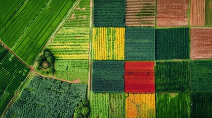View from above of colorful fields where grain crops are grown, crops of rectangular, square and other shapes, agriculture.