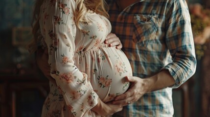 husband and wife embrace belly of pregnant wife in front view close up background illustration generated by ai