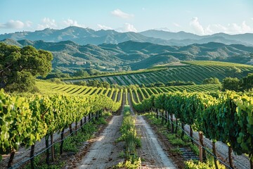 A picturesque vineyard with rows of grapevines stretching into the distance, under a clear blue sky. 