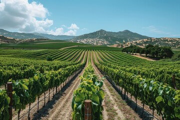 Naklejka premium A picturesque vineyard with rows of grapevines stretching into the distance, under a clear blue sky. 