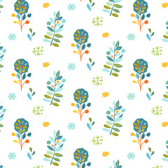 Fototapeta premium Floral eamless pattern plants, flowers, white background bright, vibrant color flower Spring summer designs, textiles, and wallpapers. Captures a fresh and playful vibe with folk art influences and