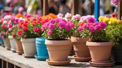 Bright springtime blooms in pots at the fair enhancing