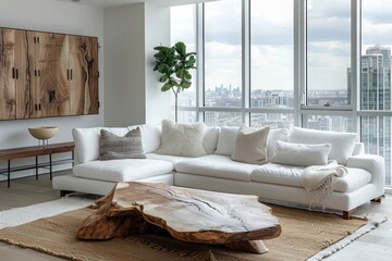 Live Edge Coffee Table Near White Corner Sofa and Wooden Cabinet with Panoramic Urban City View in Minimalist Living Room