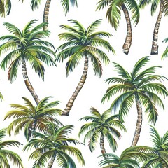 Obraz premium Tropical Paradise. Seamless Pattern of Lush Green Palm Trees on White Background