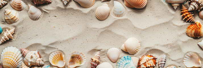 Fototapeta premium variety of colorful seashells scattered across the sandy beach copy space