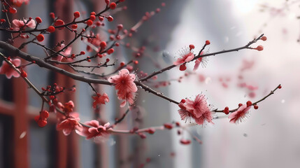 delicate cherry blossoms in full bloom on dark branches with red buds and petals against a soft background
