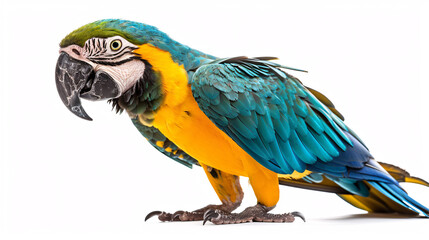 Fototapeta premium Blue and yellow macaw parrot isolated on a white background.