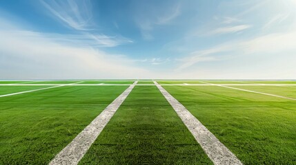 Obraz premium expansive green sports field with white lines under clear blue sky, athletic outdoor activities concept background