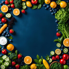 Healthy food background for healthy eating habits and healthy diet, blue background