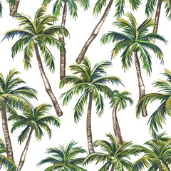 Tropical paradise seamless pattern. Lush green palm trees on white background. Summer, vacation, nature, beach vibes.