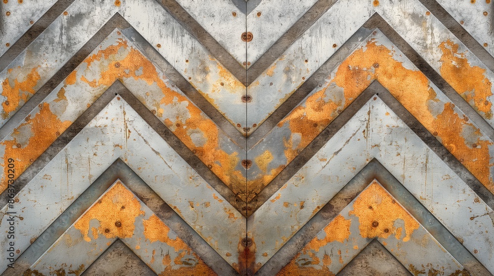 Wall mural  a weathered metal panel with a chevron pattern and faded paint