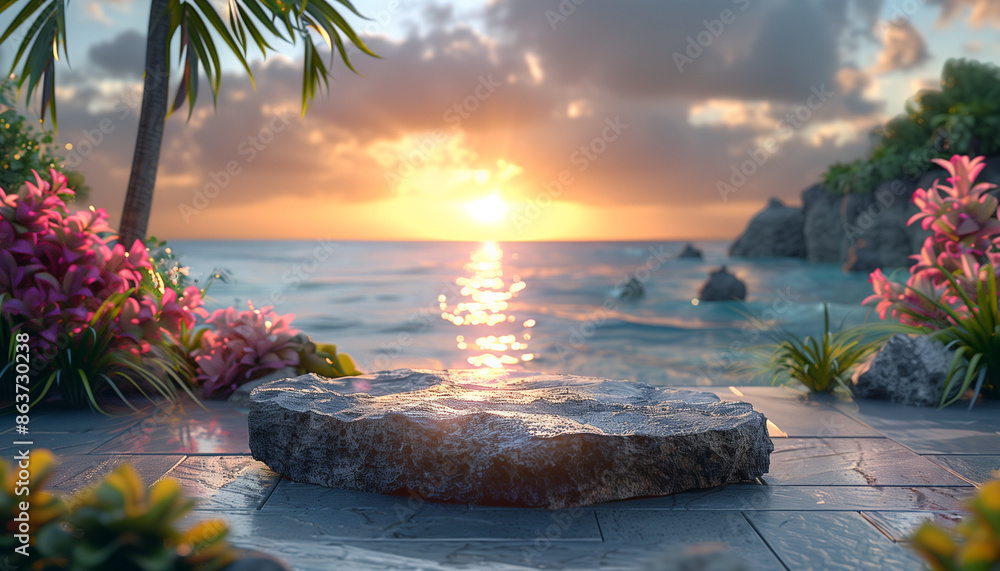 Wall mural 3d rock podium on tropical beach background at sunset, with space for product presentation - Wall murals