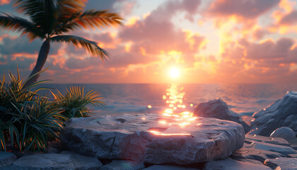 3d rock podium on tropical beach background at sunset, with space for product presentation