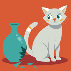 Cute cat broke the vase. Bad cat behaves badly. Domestic animal cat vector illustration.