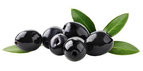 Black olives with leaves  isolated on transparent or white background