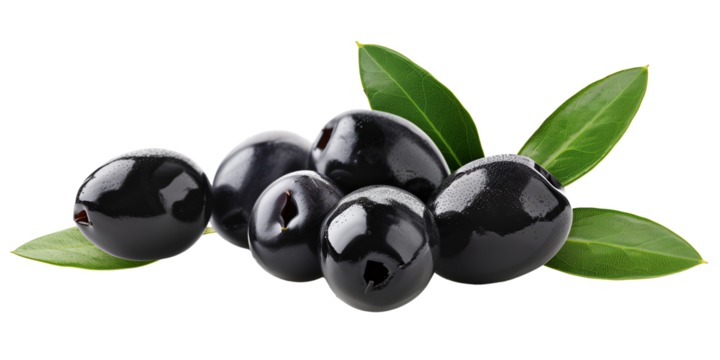 Black olives with leaves  isolated on transparent or white background