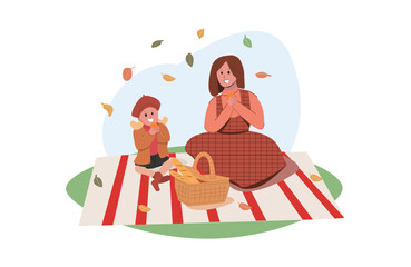 Mom and daughter picnic at garden. Hello Autumn Vector illustration