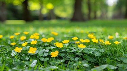 Obraz premium Picturesque spring morning with lush green grass and wild yellow flowers in the outdoors
