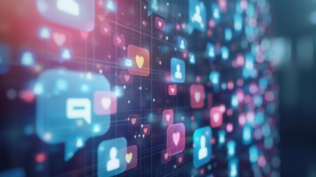 A vibrant background featuring social media icons like hearts, comments, and profile pictures. Ideal for promoting advertising agencies, digital marketing, and online campaigns. Generative AI - Powered by Adobe