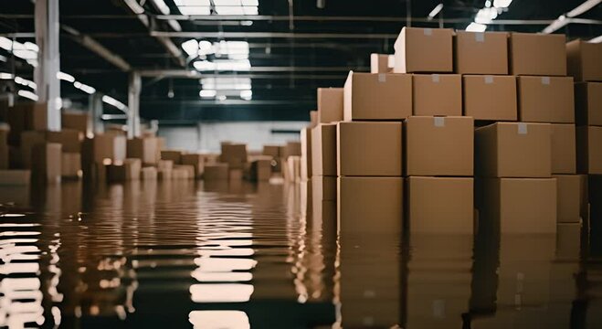 A flooded warehouse with floating cardboard boxes