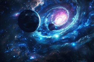 a space scene with two planets and a spiral galaxy