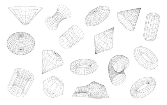 3d Wireframe shapes, geometric volumetric figures with lattice surface. Sphere ball, torus and net, cyber globe, cone and funnel. Vector scientific objects, fractals, graphic forms wire structures