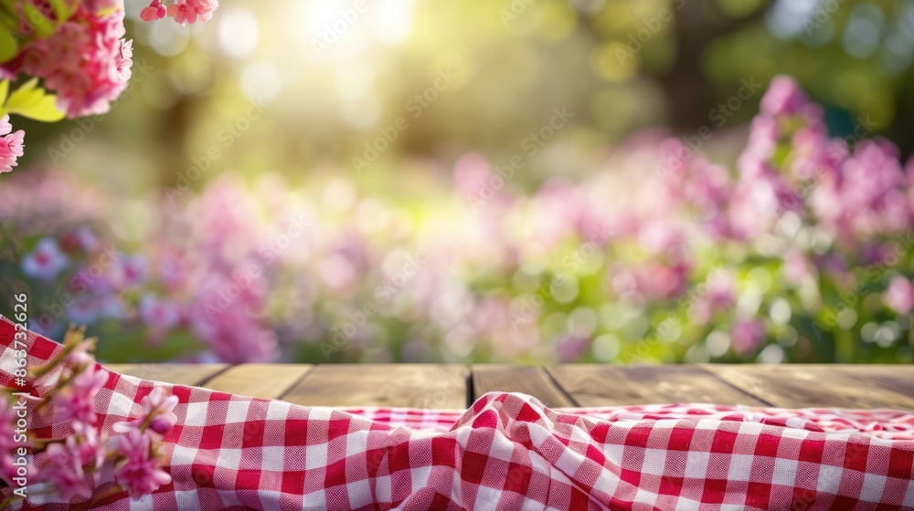 Aufkleber product display and picnic concept with an empty rural table against a vibrant spring abstract bokeh
