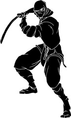 Ninjutsu fighter. Ninja, Japanese wrestler. Japan martial art. Asian warrior in mask, wrestling pose, stance, defending position, posture. vector illustration isolated on white background