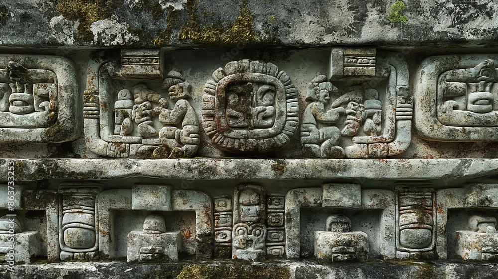 Poster  intricate stone carvings depicting figures and symbols on a Mayan temple at Palenque