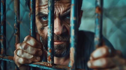 A man in a prison cell stares out