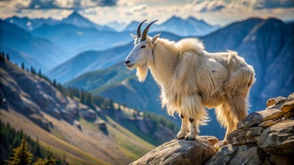 Obraz premium A majestic mountain goat with shaggy white fur and curved horns stands alone on a rugged rocky cliffside landscape.
