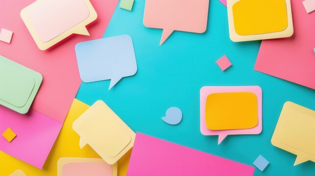 A vibrant, professional image featuring colorful speech bubbles against a blue backdrop, ideal for advertising agencies and marketing professionals. Generative AI